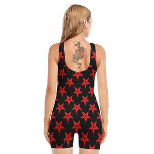 Bloody Satanic Pentagram Pattern Print Sleeveless One Piece Swimsuit