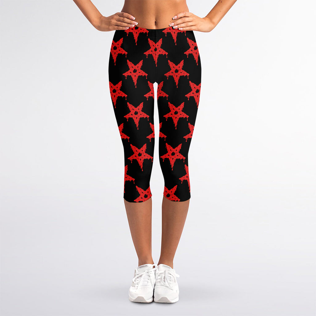 Bloody Satanic Pentagram Pattern Print Women's Capri Leggings