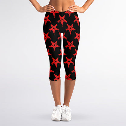 Bloody Satanic Pentagram Pattern Print Women's Capri Leggings