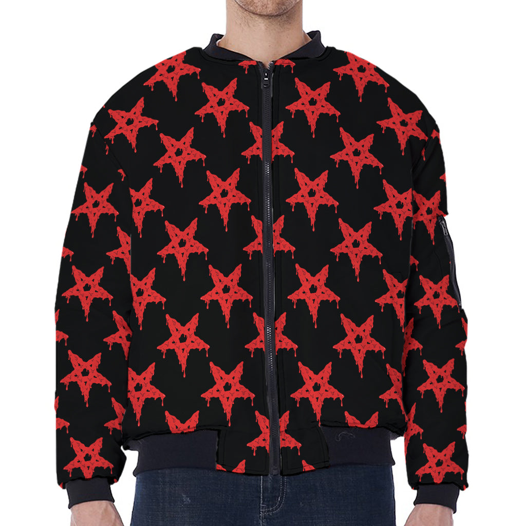 Bloody Satanic Pentagram Pattern Print Zip Sleeve Bomber Jacket