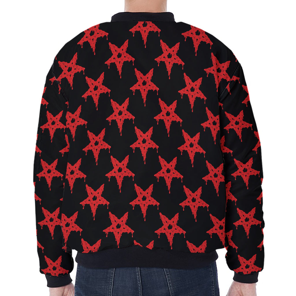 Bloody Satanic Pentagram Pattern Print Zip Sleeve Bomber Jacket