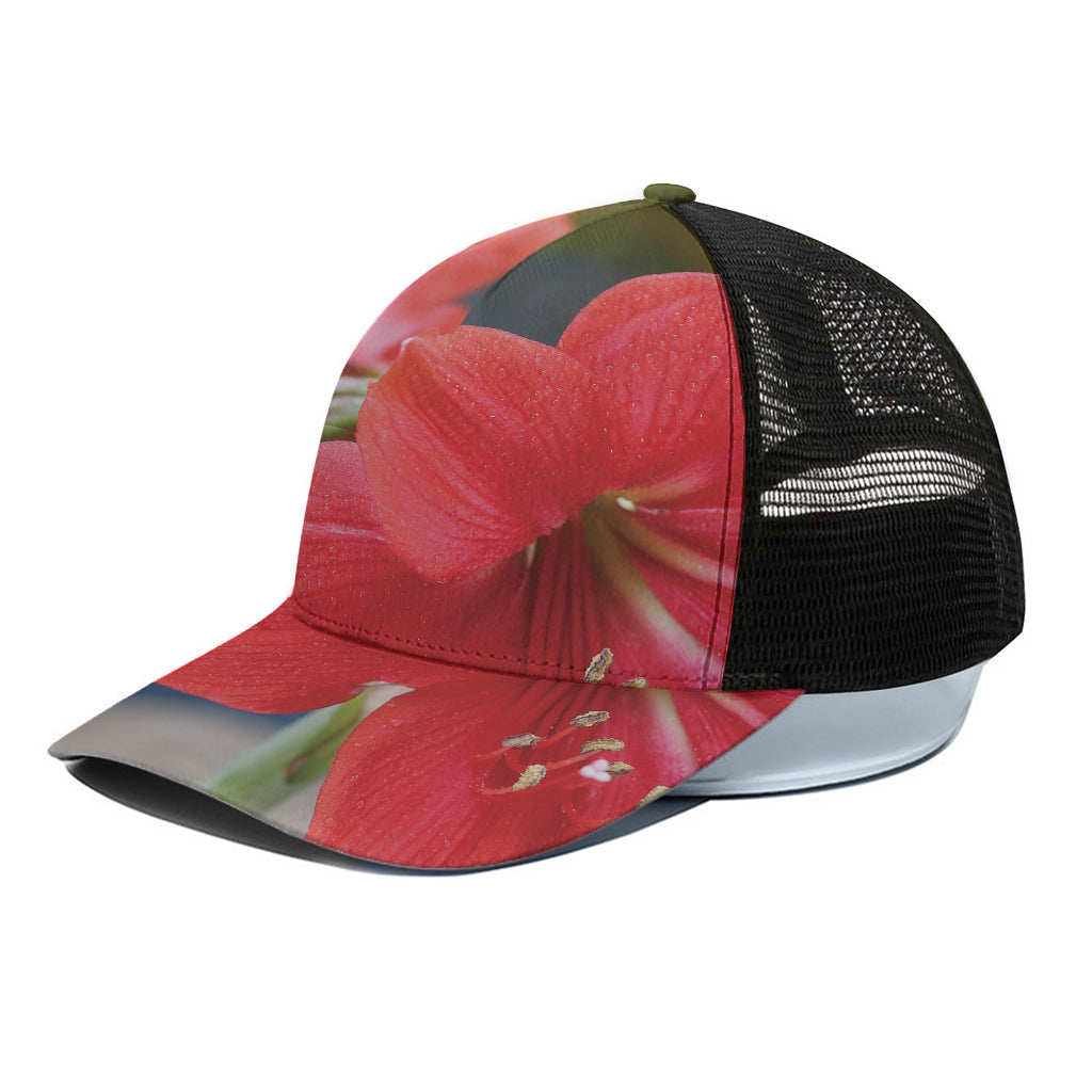 Blooming Amaryllis Print Black Mesh Trucker Cap