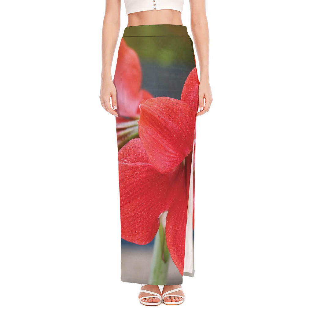 Blooming Amaryllis Print High Slit Maxi Skirt