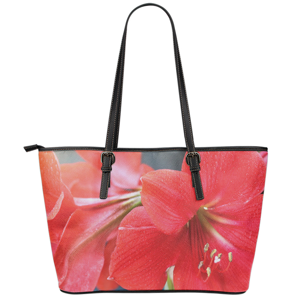 Blooming Amaryllis Print Leather Tote Bag