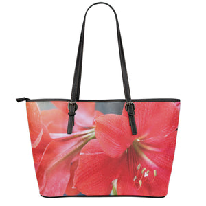 Blooming Amaryllis Print Leather Tote Bag