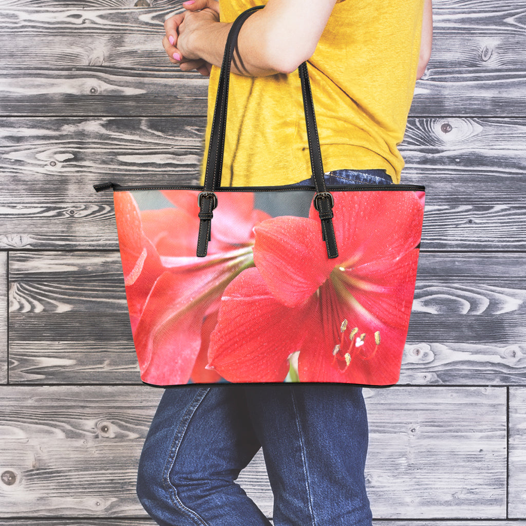 Blooming Amaryllis Print Leather Tote Bag