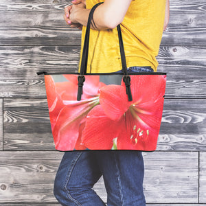 Blooming Amaryllis Print Leather Tote Bag