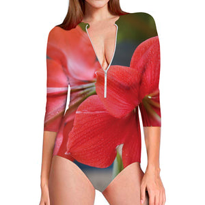 Blooming Amaryllis Print Long Sleeve Swimsuit