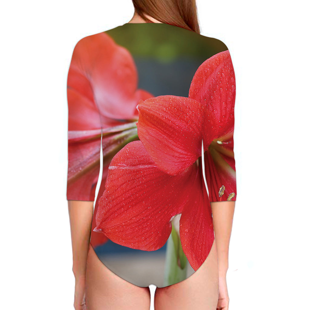 Blooming Amaryllis Print Long Sleeve Swimsuit