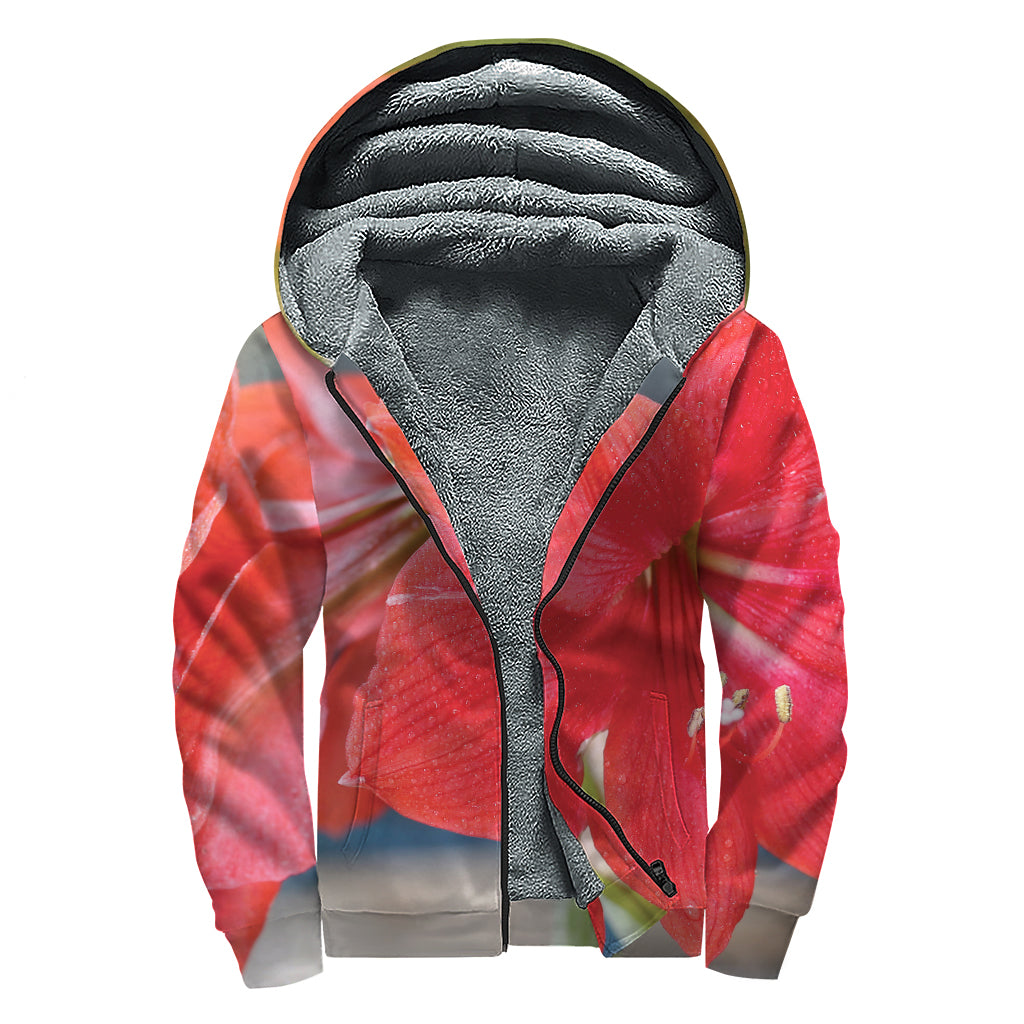 Blooming Amaryllis Print Sherpa Lined Zip Up Hoodie