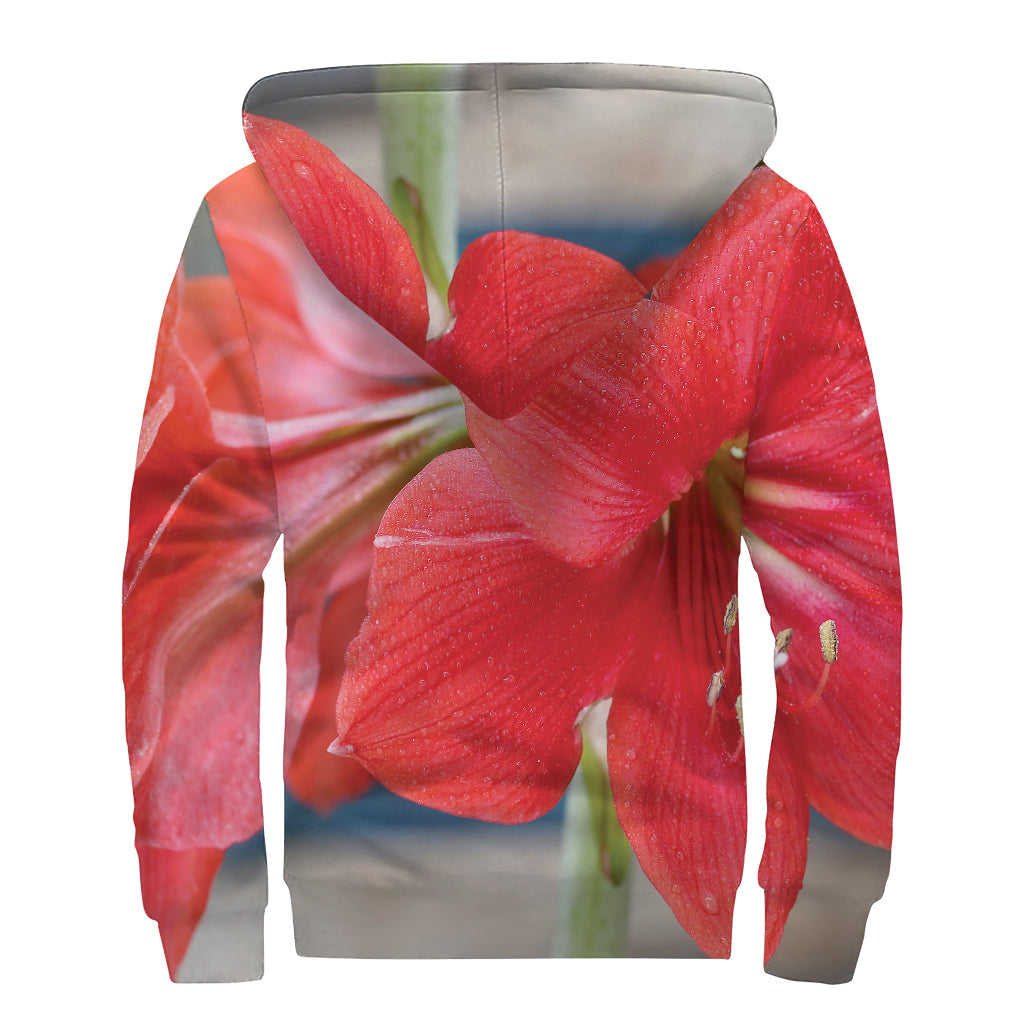 Blooming Amaryllis Print Sherpa Lined Zip Up Hoodie