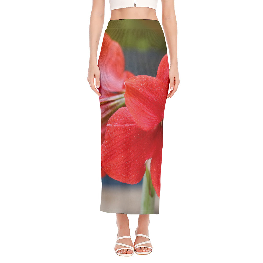 Blooming Amaryllis Print Side Slit Maxi Skirt