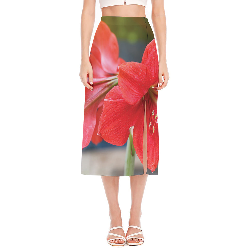 Blooming Amaryllis Print Side Slit Midi Skirt