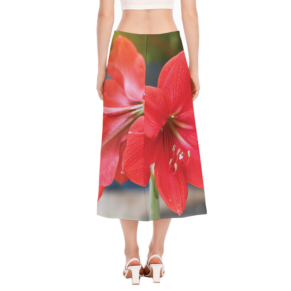 Blooming Amaryllis Print Side Slit Midi Skirt