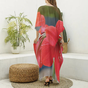 Blooming Amaryllis Print Silk V-Neck Kaftan Dress