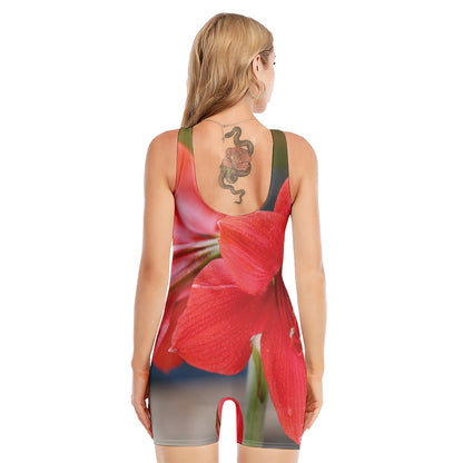 Blooming Amaryllis Print Sleeveless One Piece Swimsuit
