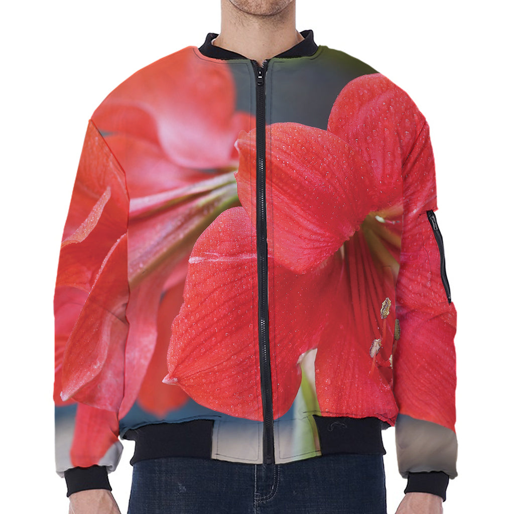 Blooming Amaryllis Print Zip Sleeve Bomber Jacket