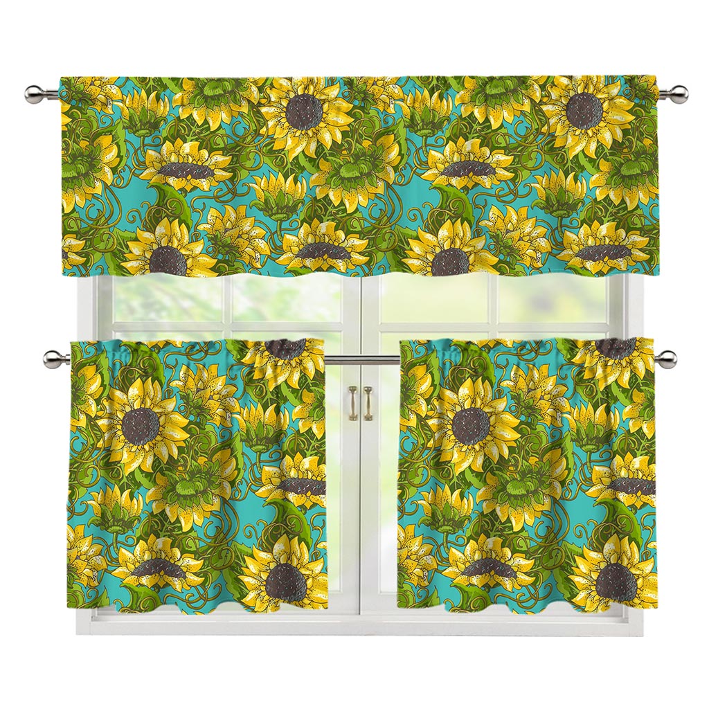 Blooming Sunflower Pattern Print 3 Piece Kitchen Curtains