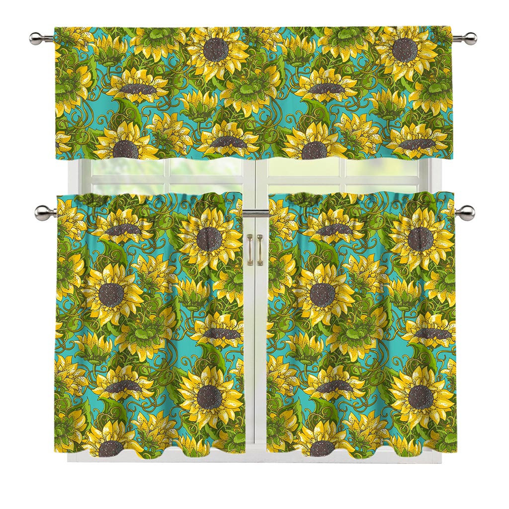 Blooming Sunflower Pattern Print 3 Piece Kitchen Curtains