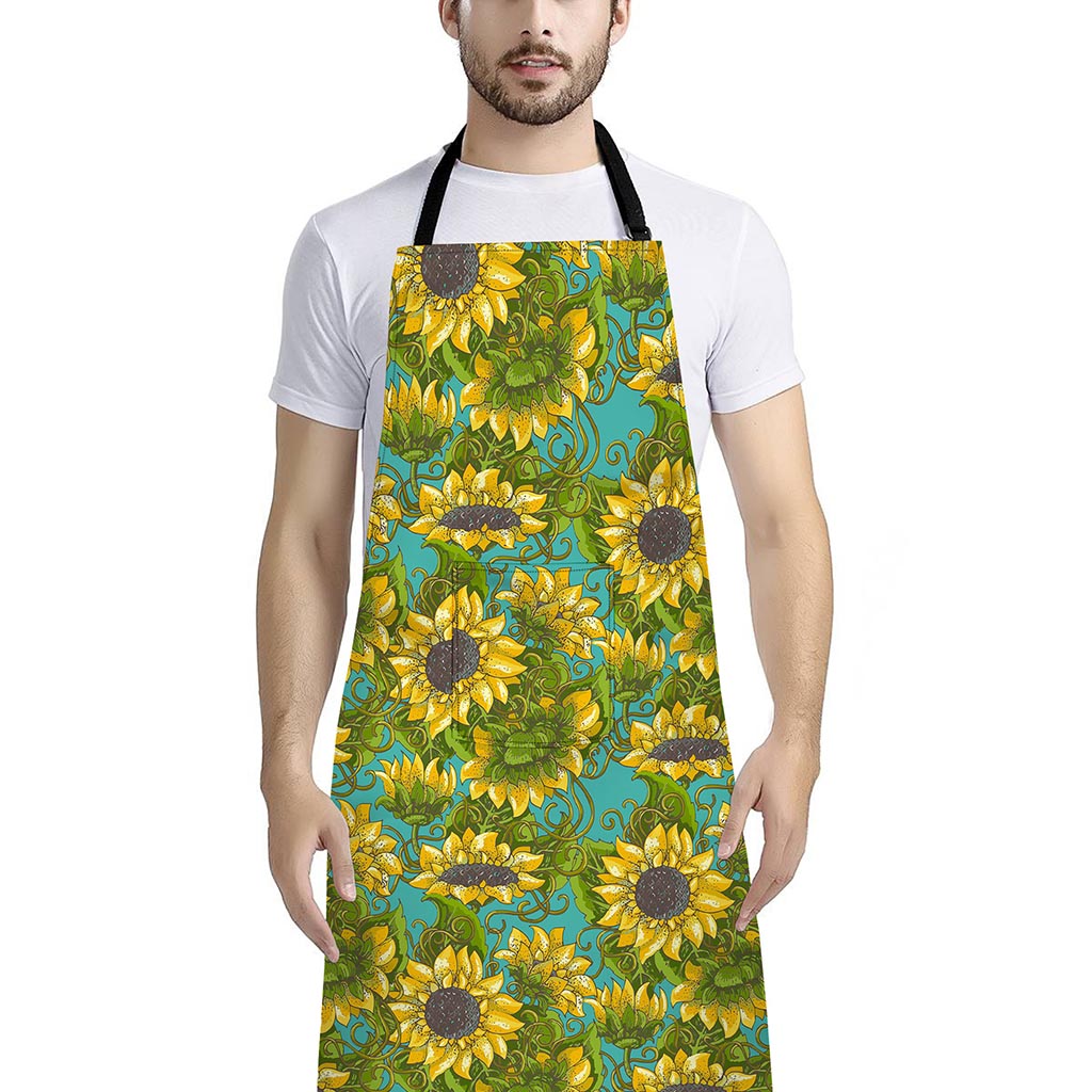 Blooming Sunflower Pattern Print Bib Apron With Pocket