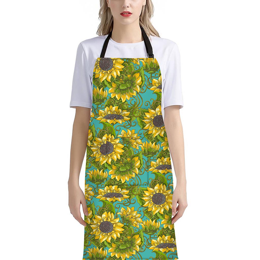 Blooming Sunflower Pattern Print Bib Apron With Pocket