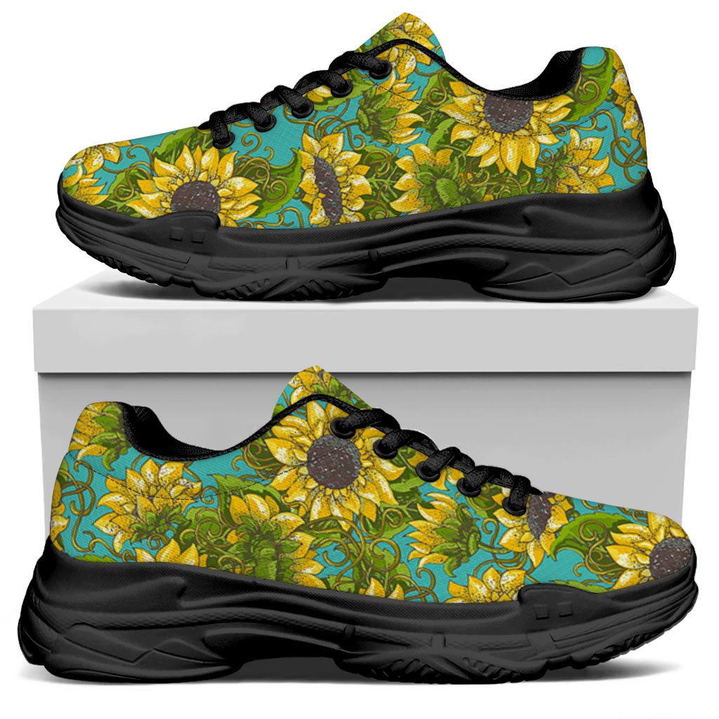 Blooming Sunflower Pattern Print Black Chunky Shoes