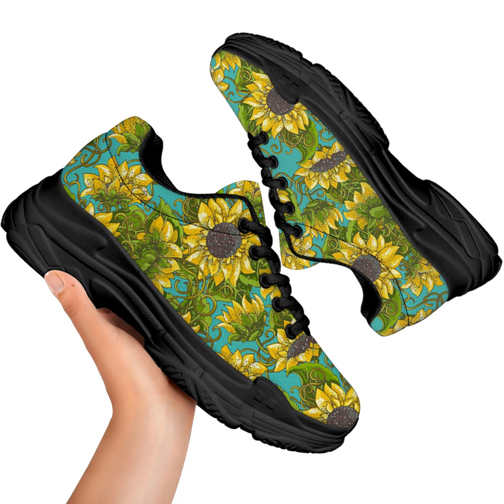 Blooming Sunflower Pattern Print Black Chunky Shoes