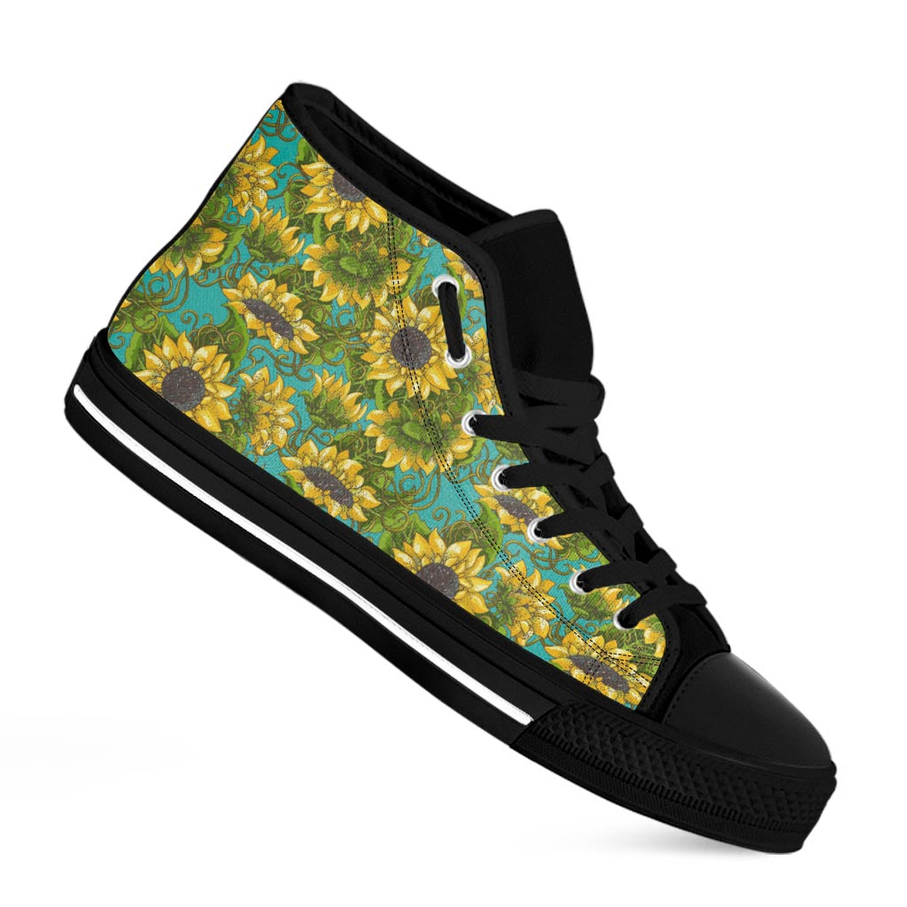 Blooming Sunflower Pattern Print Black High Top Sneakers