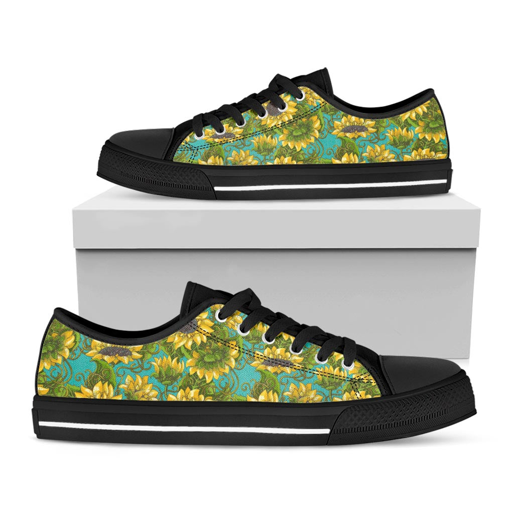 Blooming Sunflower Pattern Print Black Low Top Sneakers