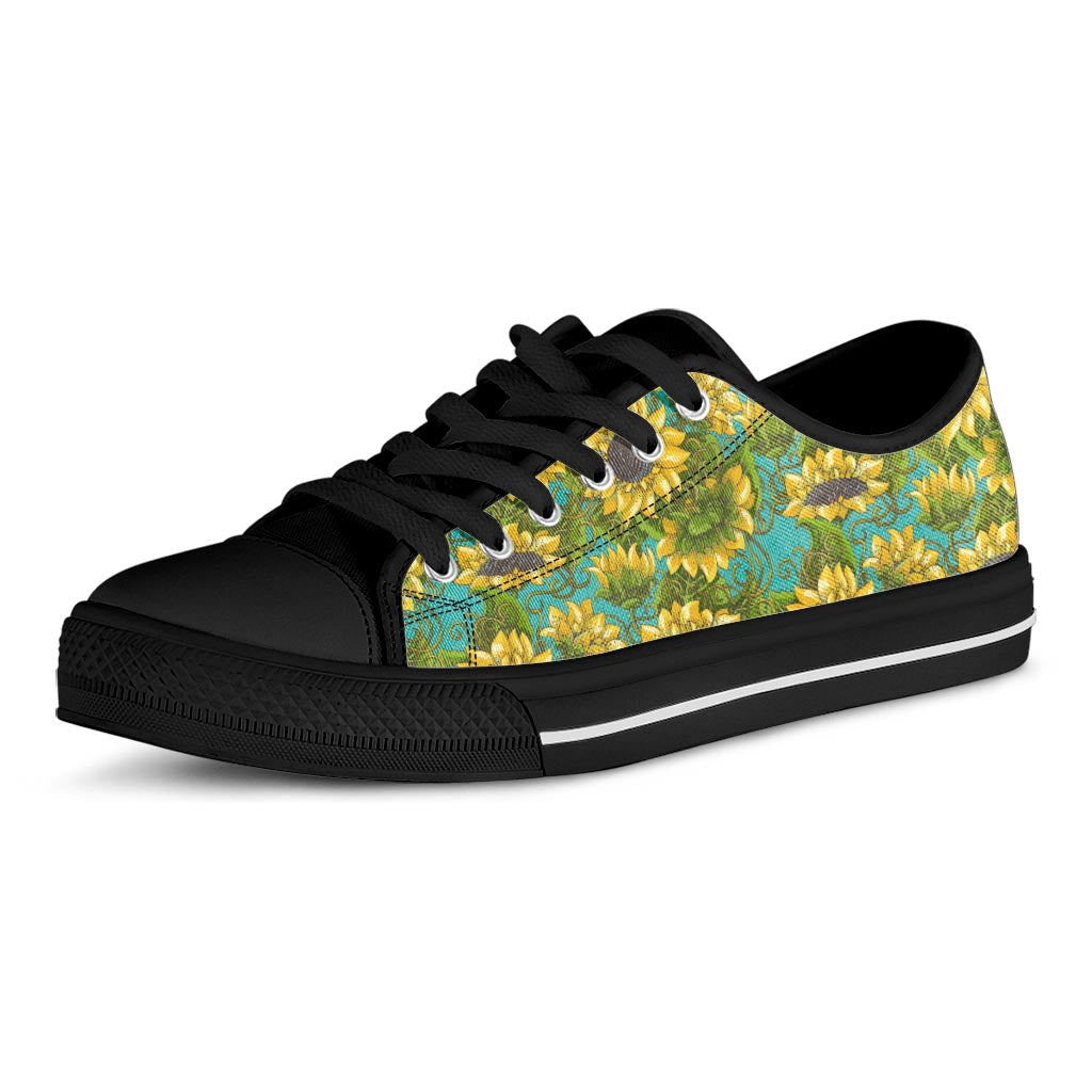 Blooming Sunflower Pattern Print Black Low Top Sneakers