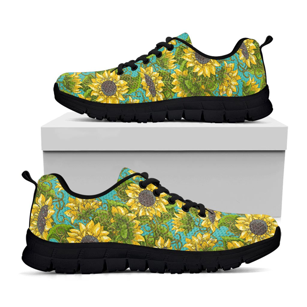 Blooming Sunflower Pattern Print Black Running Shoes