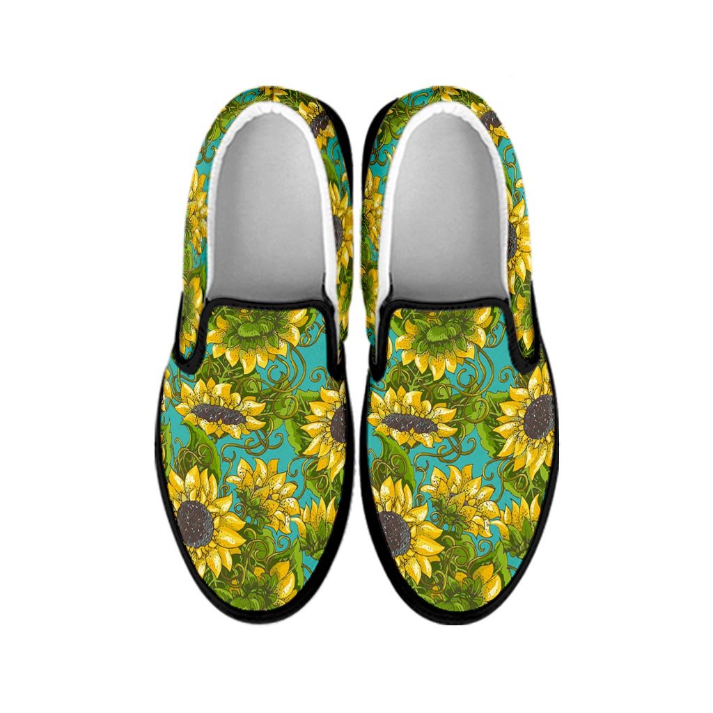 Blooming Sunflower Pattern Print Black Slip On Sneakers