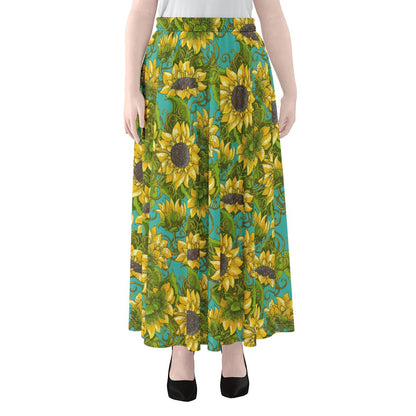 Blooming Sunflower Pattern Print Chiffon Maxi Skirt