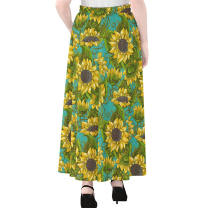 Blooming Sunflower Pattern Print Chiffon Maxi Skirt