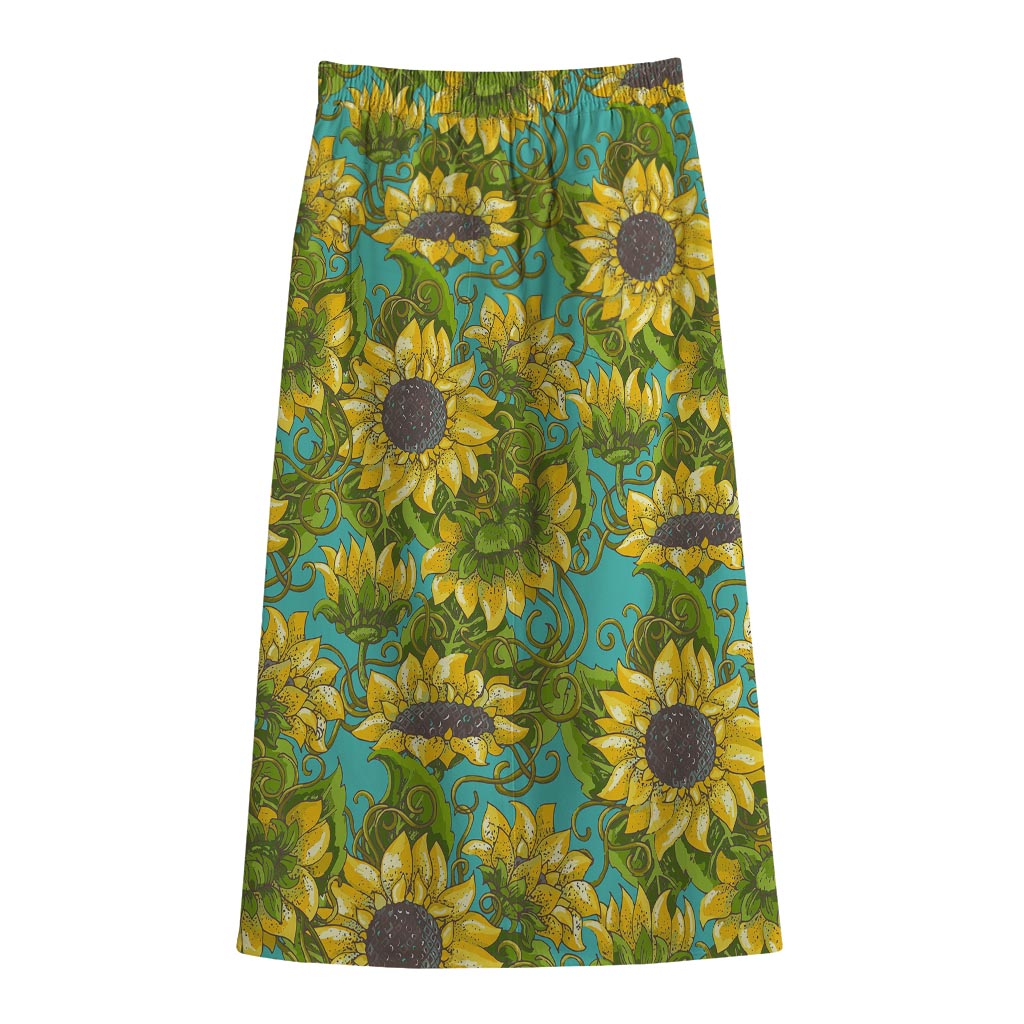 Blooming Sunflower Pattern Print Cotton Front Slit Maxi Skirt