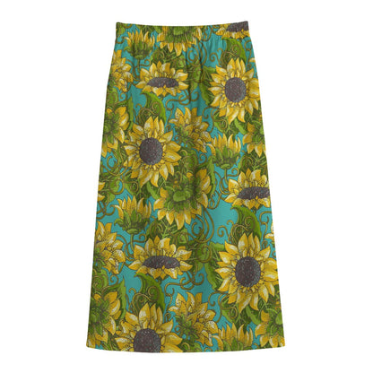 Blooming Sunflower Pattern Print Cotton Front Slit Maxi Skirt