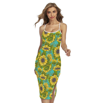 Blooming Sunflower Pattern Print Cross Back Cami Dress
