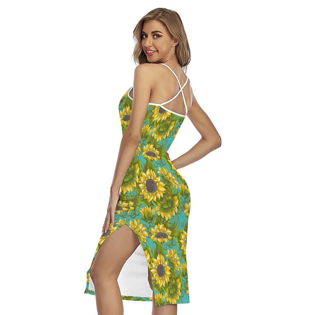 Blooming Sunflower Pattern Print Cross Back Cami Dress