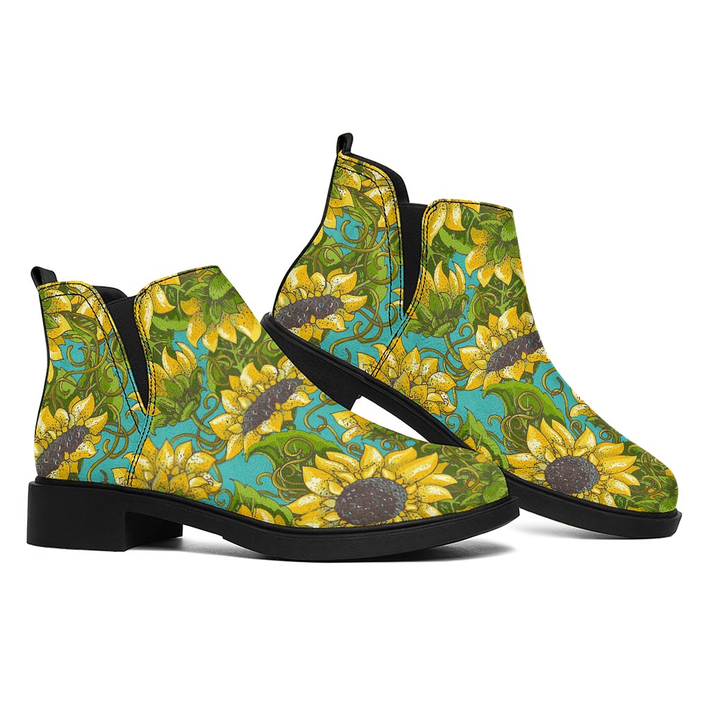 Blooming Sunflower Pattern Print Flat Ankle Boots