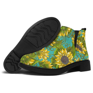 Blooming Sunflower Pattern Print Flat Ankle Boots