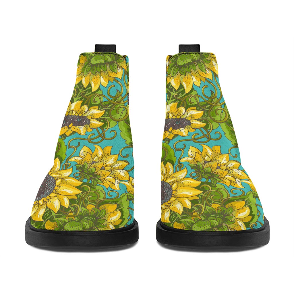 Blooming Sunflower Pattern Print Flat Ankle Boots