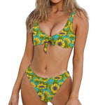 Blooming Sunflower Pattern Print Front Bow Tie Bikini