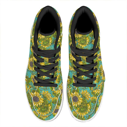 Blooming Sunflower Pattern Print High Top Leather Sneakers