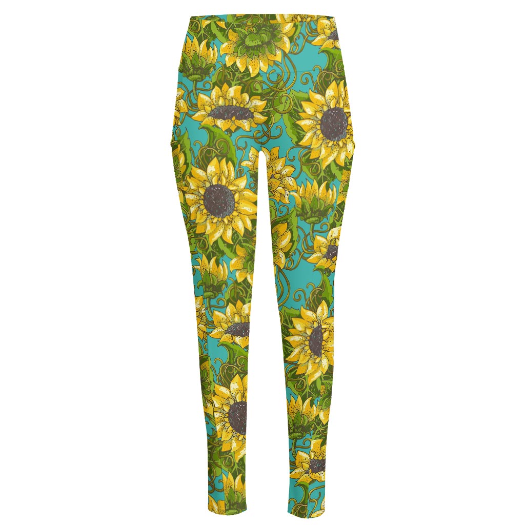 Blooming Sunflower Pattern Print High-Waisted Pocket Leggings