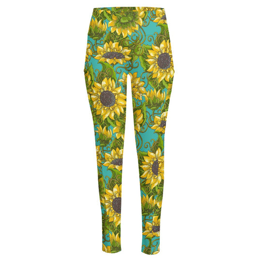 Blooming Sunflower Pattern Print High-Waisted Pocket Leggings