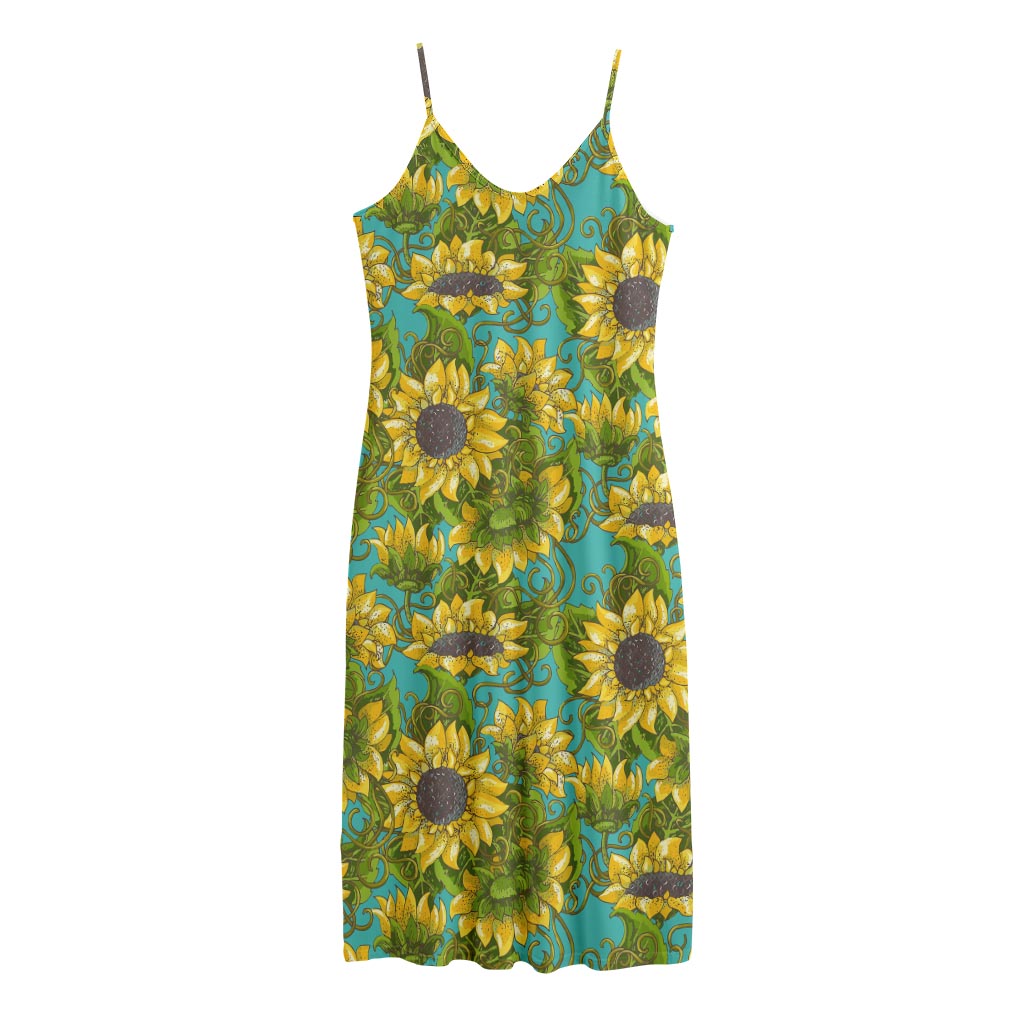 Blooming Sunflower Pattern Print Jersey Midi Cami Dress