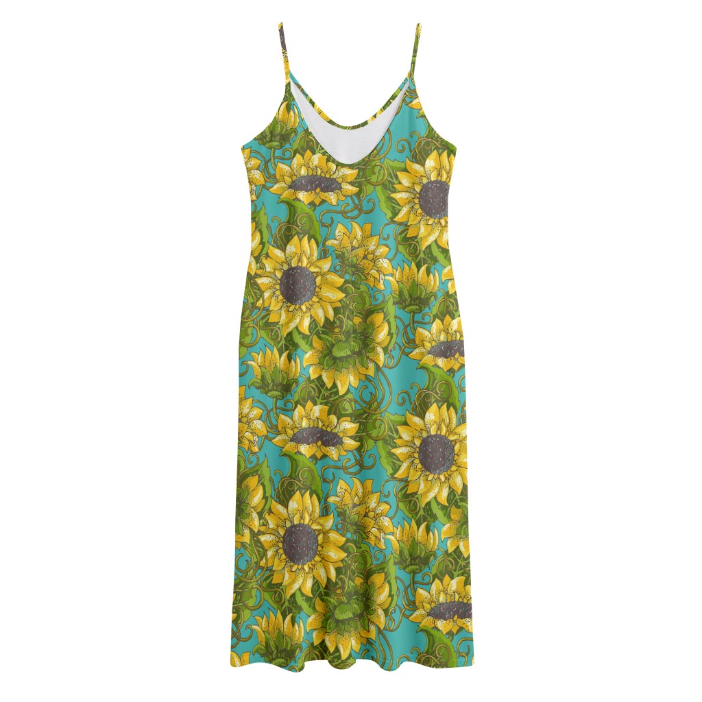 Blooming Sunflower Pattern Print Jersey Midi Cami Dress