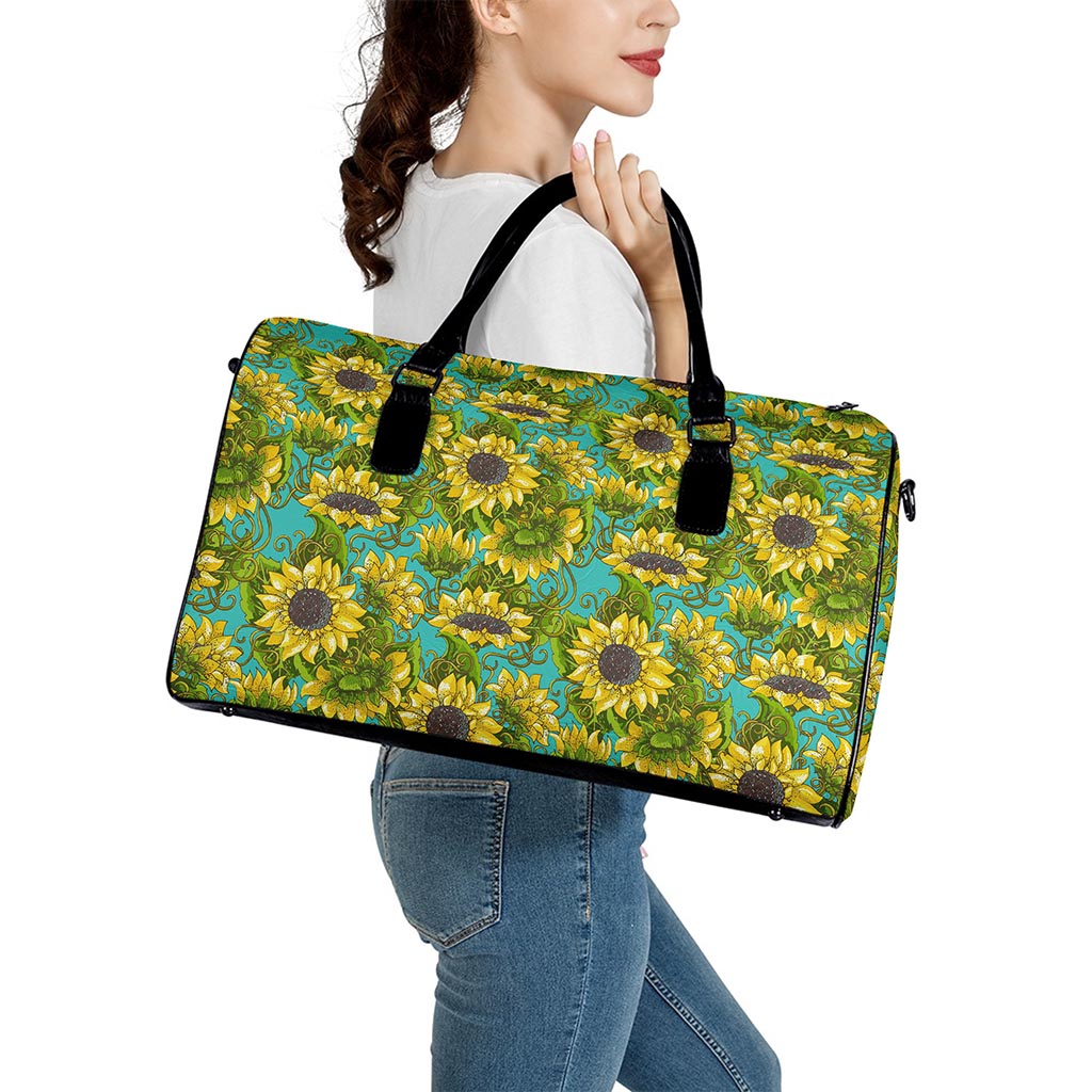 Blooming Sunflower Pattern Print Leather Duffle Bag