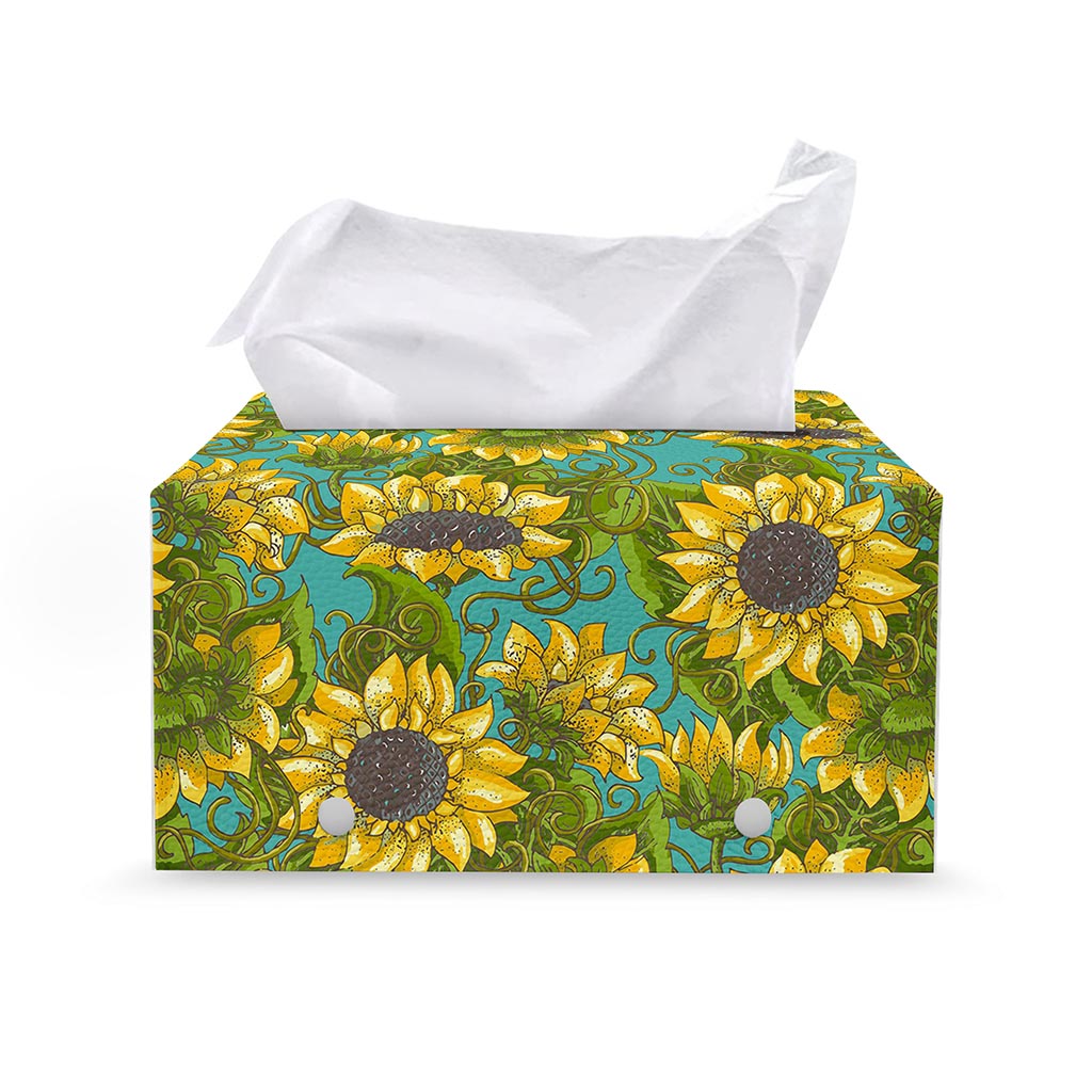 Blooming Sunflower Pattern Print Leather Tissue Box Cover