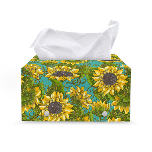 Blooming Sunflower Pattern Print Leather Tissue Box Cover